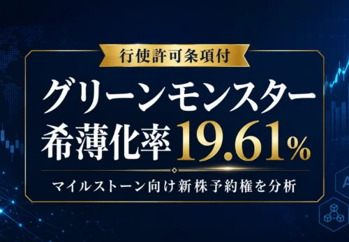 グリーンモンスターがマイルストーン・キャピタル・マネジメントに発行する第7回第8回第9回新株予約権について、希薄化率19.61％、行使許可条項、AI・ブロックチェーン資金使途を示した分析