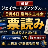 ジェイホールディングスの臨時株主総会の票読み、取締役3名選任案、大株主と浮動票の行方を解説する