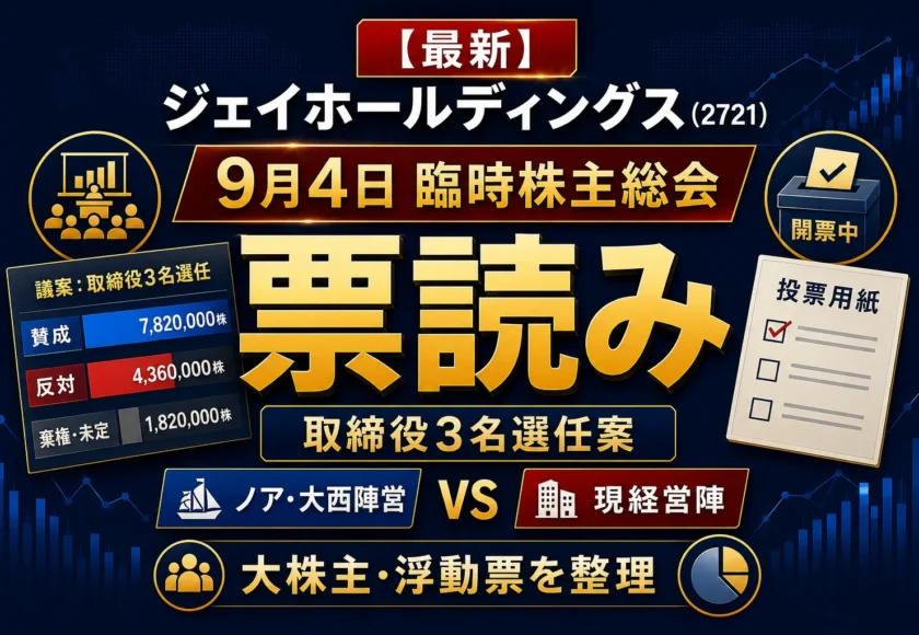 ジェイホールディングスの臨時株主総会の票読み、取締役3名選任案、大株主と浮動票の行方を解説する