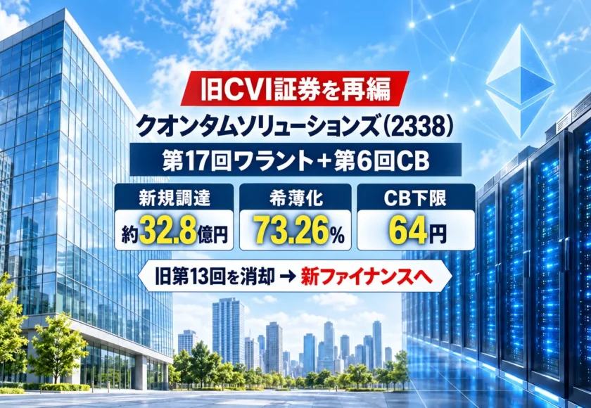 クオンタムソリューションズ（2338）がCVI向け旧ワラント・CBを再編したPIPES案件の解説